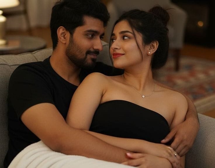 A man and a woman embrace.