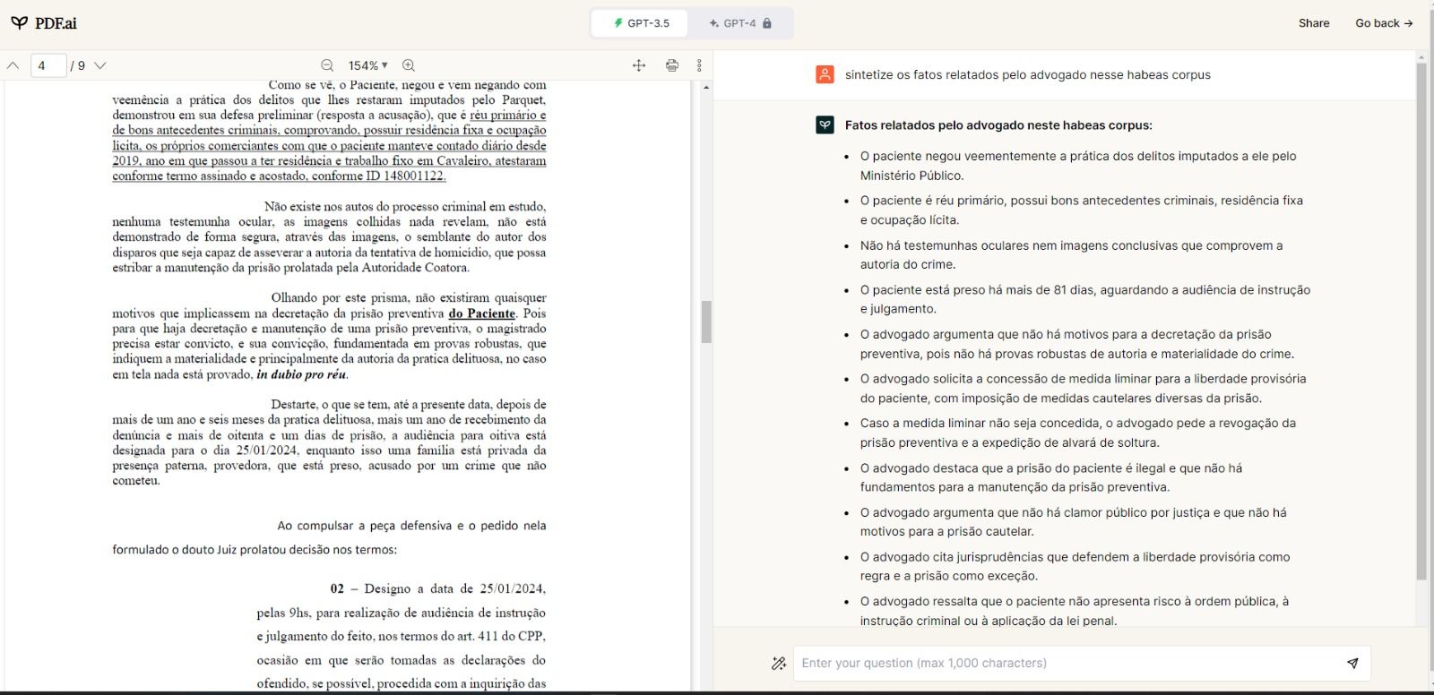 Na imagem: exemplo prático de utilizar o PDF.ai, utilizando o prompt: "sintetize os fatos relatados pelo advogado nesse Habeas Corpus