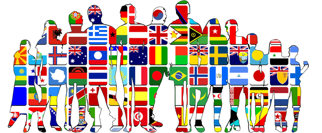 Na imagem: ilustração de silhueta de pessoas estampada de bandeiras