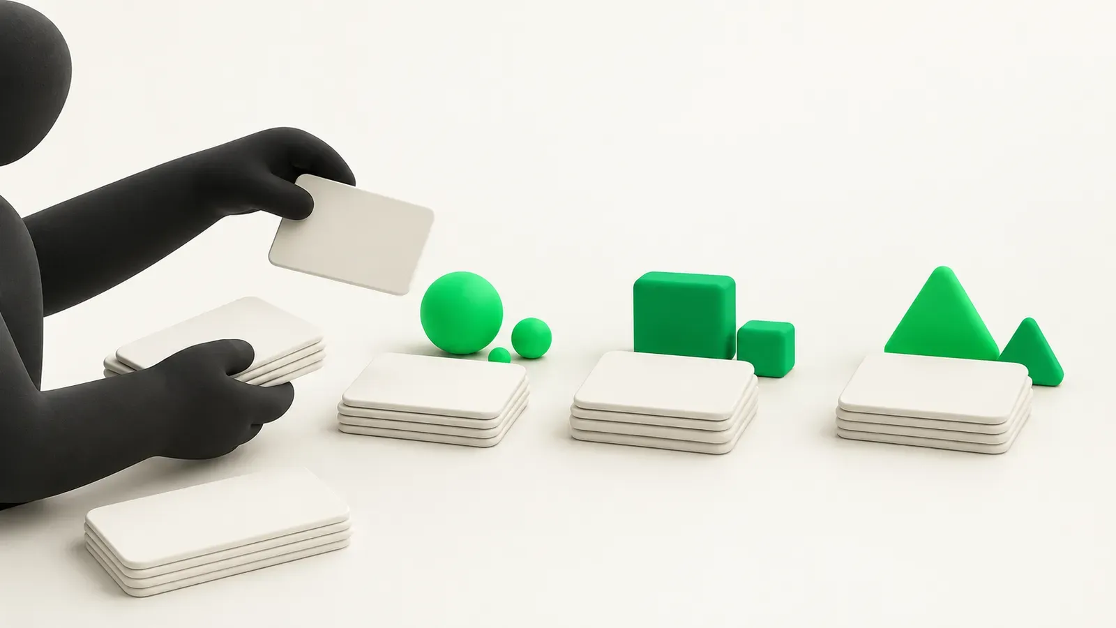 Business owner grouping customer notes by needs and desired actions.