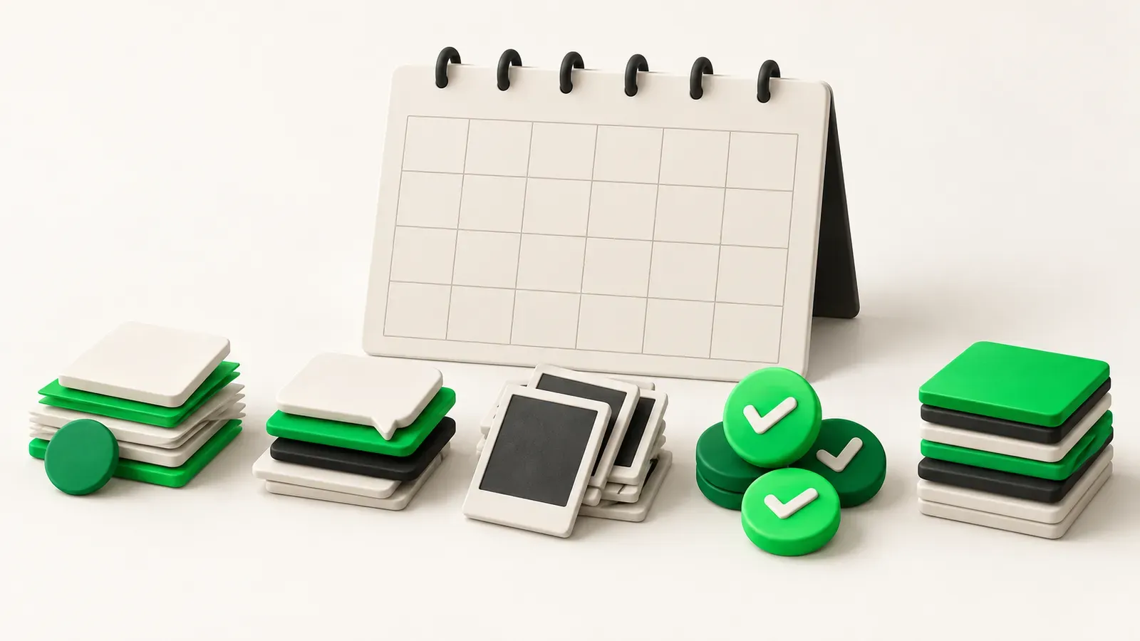 A weekly social posting workflow divided into planning, drafting, approval and publishing.