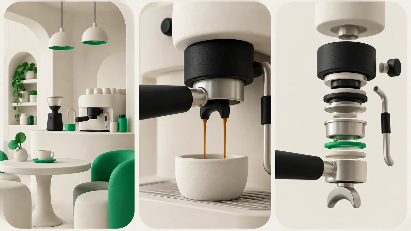 Three visual approaches to an article about an espresso machine: a café scene, a component photograph and a diagram.