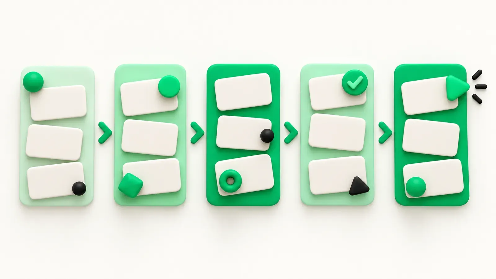 Blank cards progressing through a weekly content production workflow.