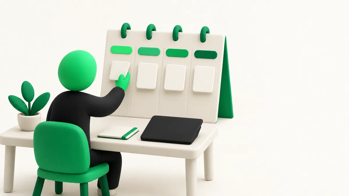 A business owner arranging four article ideas across a monthly calendar.