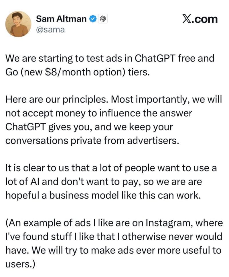 Sam Altman announces ChatGPT ads on X