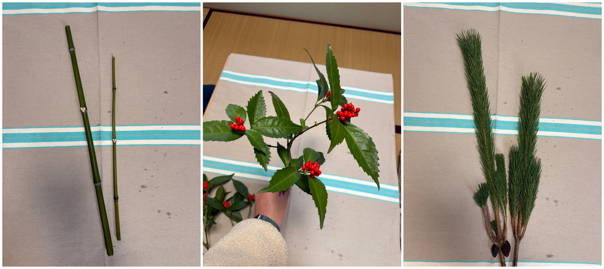 Bamboo, pine, and false pepper for a New Year's ikebana arrangement