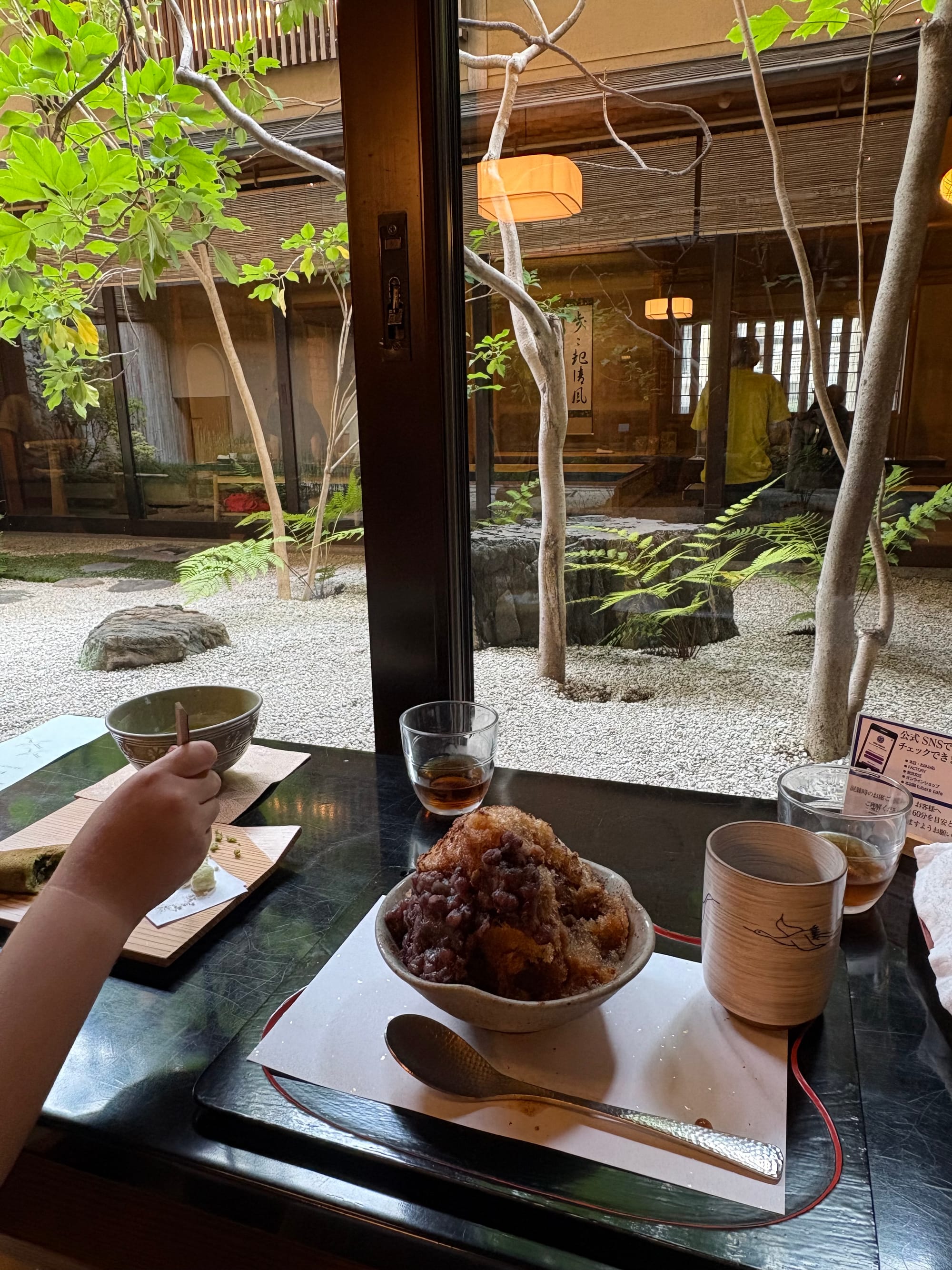 Kakigori and tea at Tsuruya Yoshinobu Cafe overlooking a Kyoto garden
