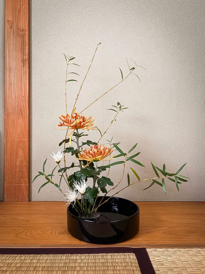 Ikebana with Willow and Chrysanthemum