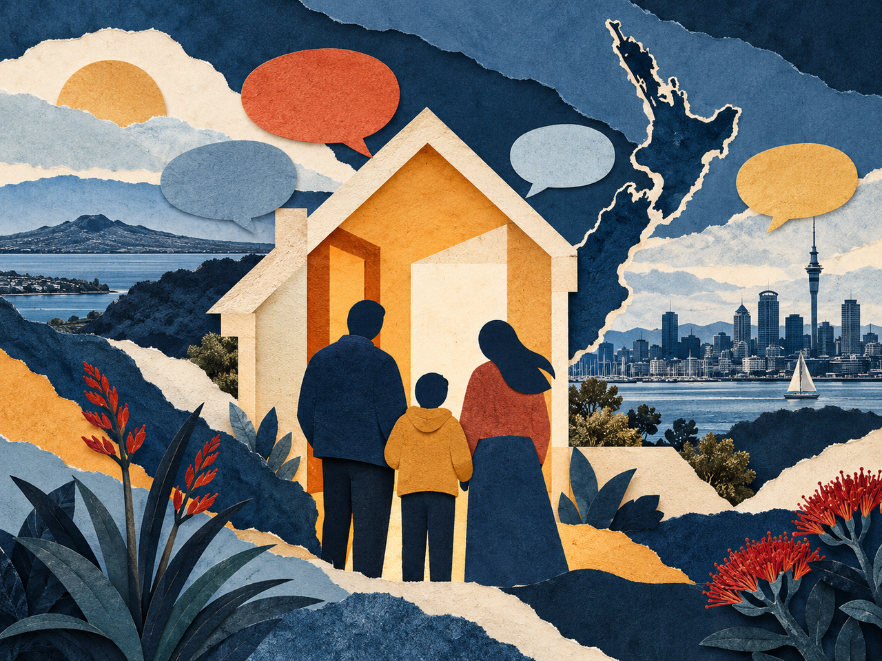 Editorial paper-cut illustration of a family beside a house with New Zealand shapes, symbolising belonging.