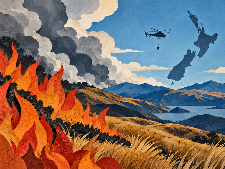 Editorial paper-cut illustration of hills, symbolic flames and smoke, a helicopter and a New Zealand silhouette.