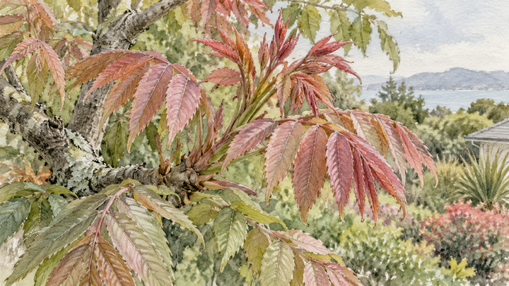 Pink Chinese toon in spring: recognising the tree and using young shoots