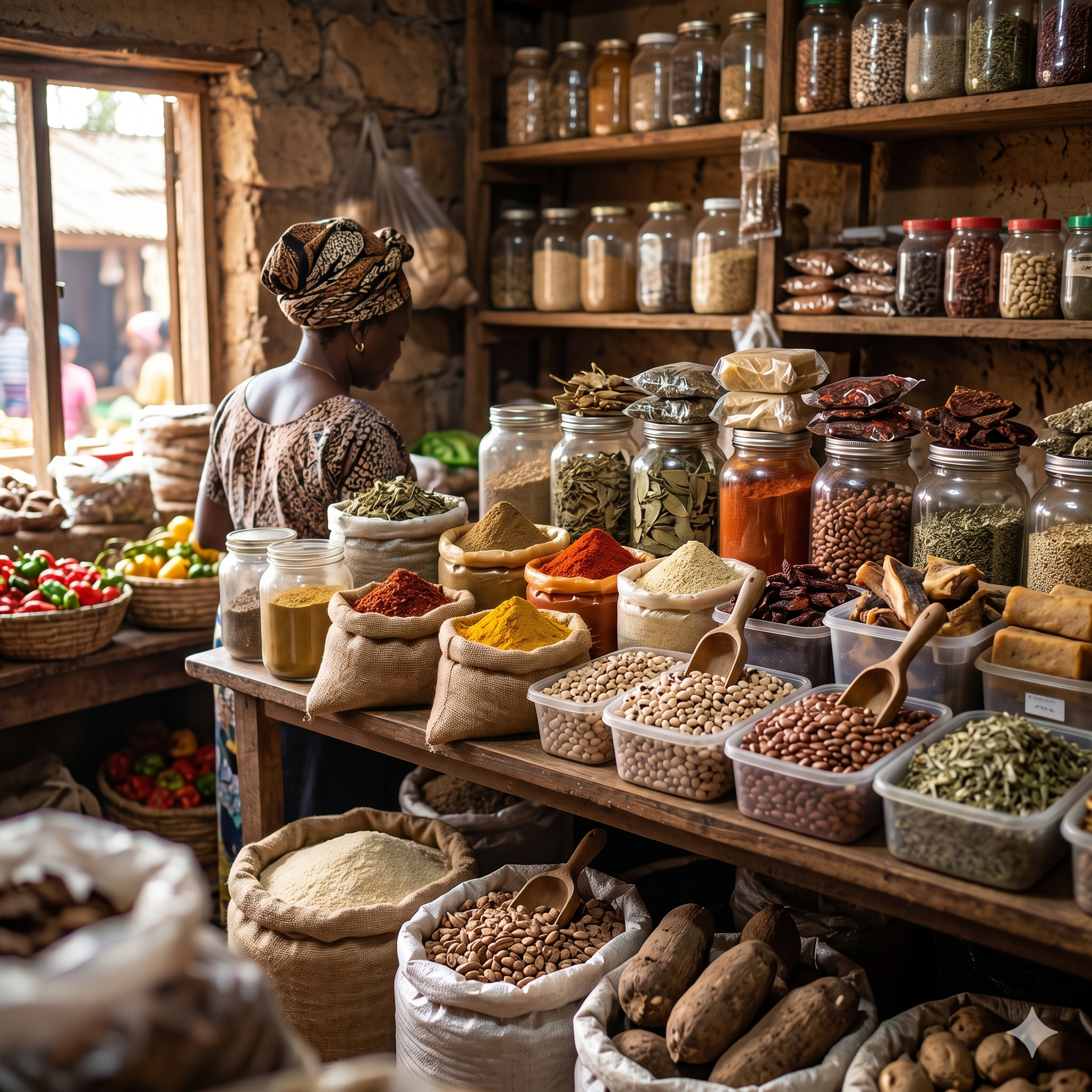 Lady in a store filled with unlabelled food items