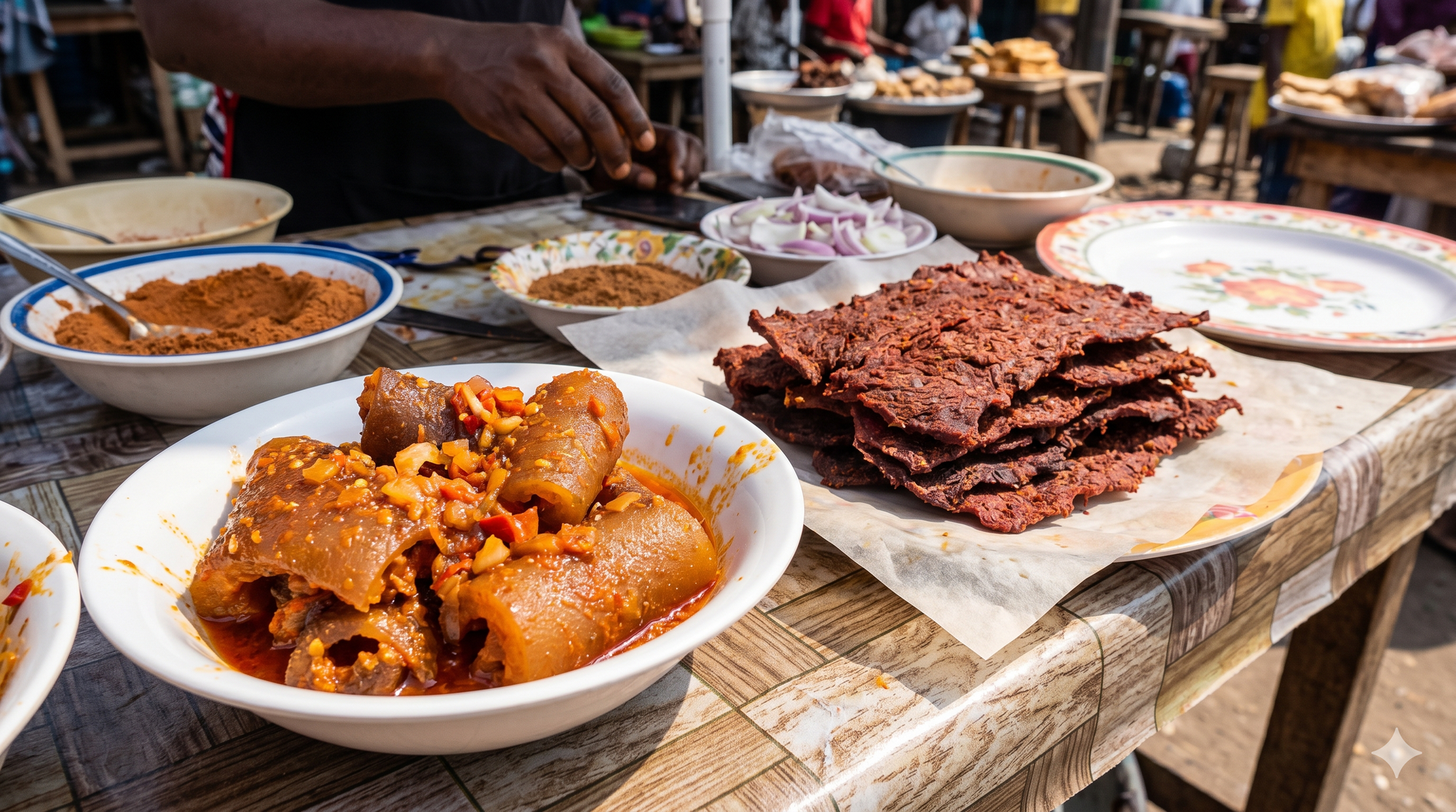 Ponmo and kilishi at the market