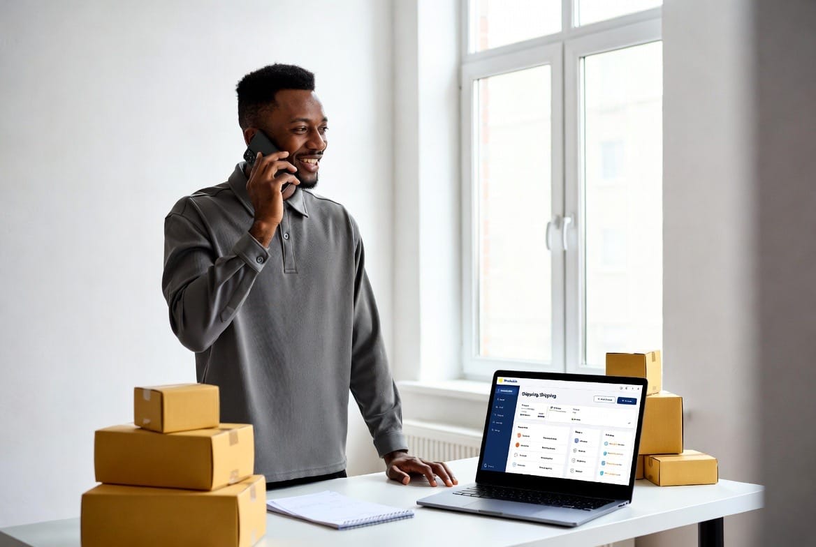 The business owner on the phone with customers after automating shipping