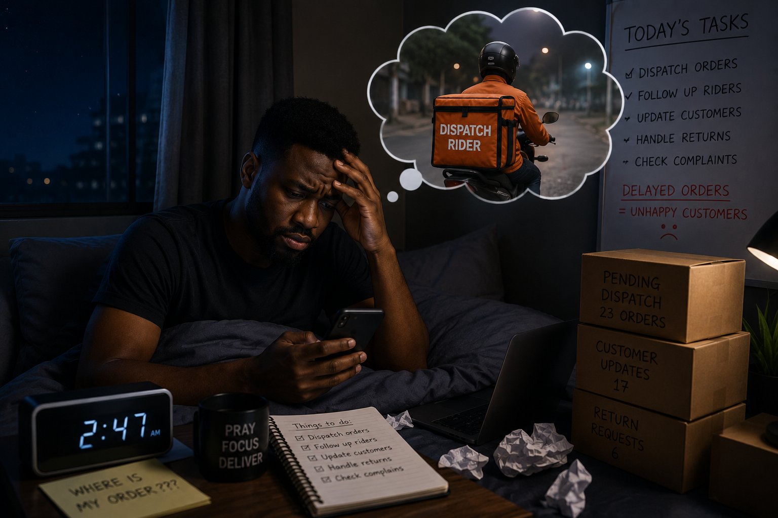 A business owner unable to sleep because managing deliveries is harming his mental health
