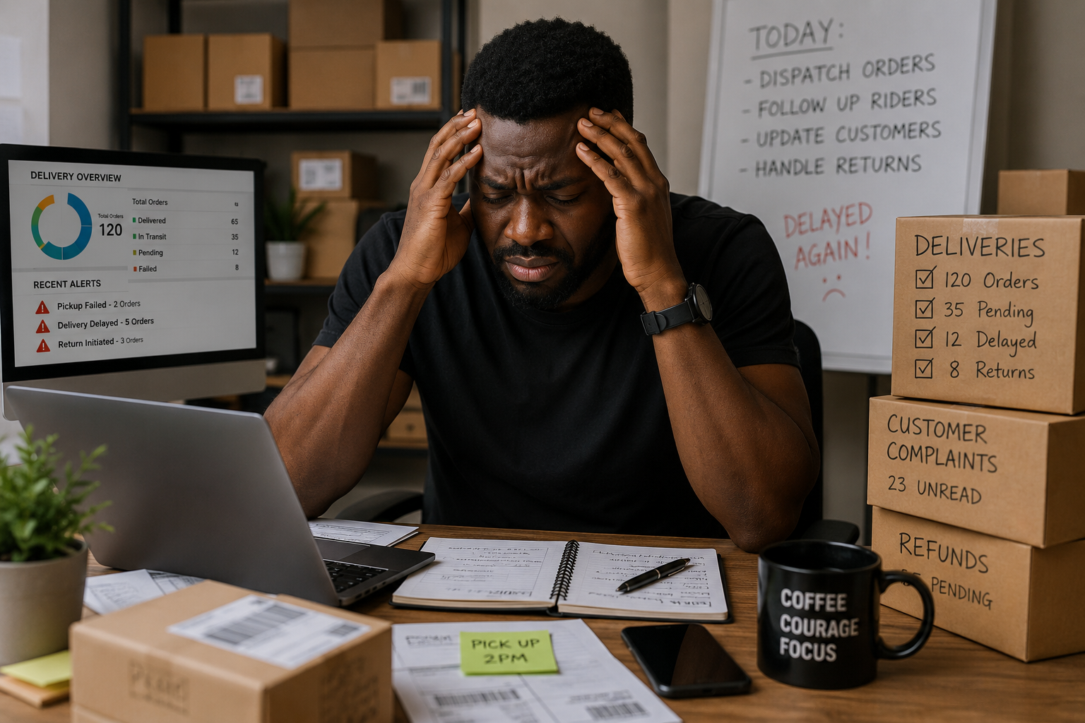 An image showing how managing deliveries is harming the mental health of an entrepreneur