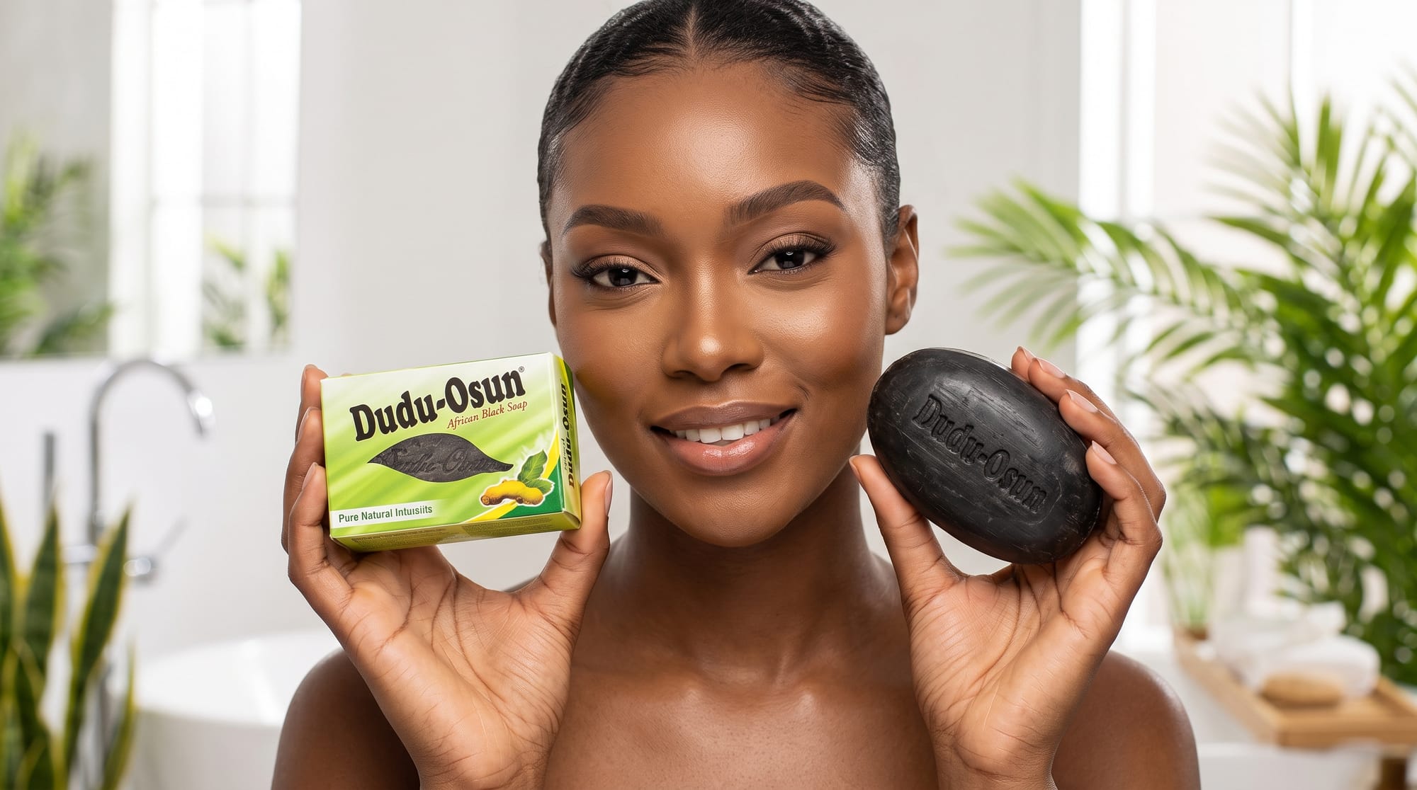 Model holding African Black Soap