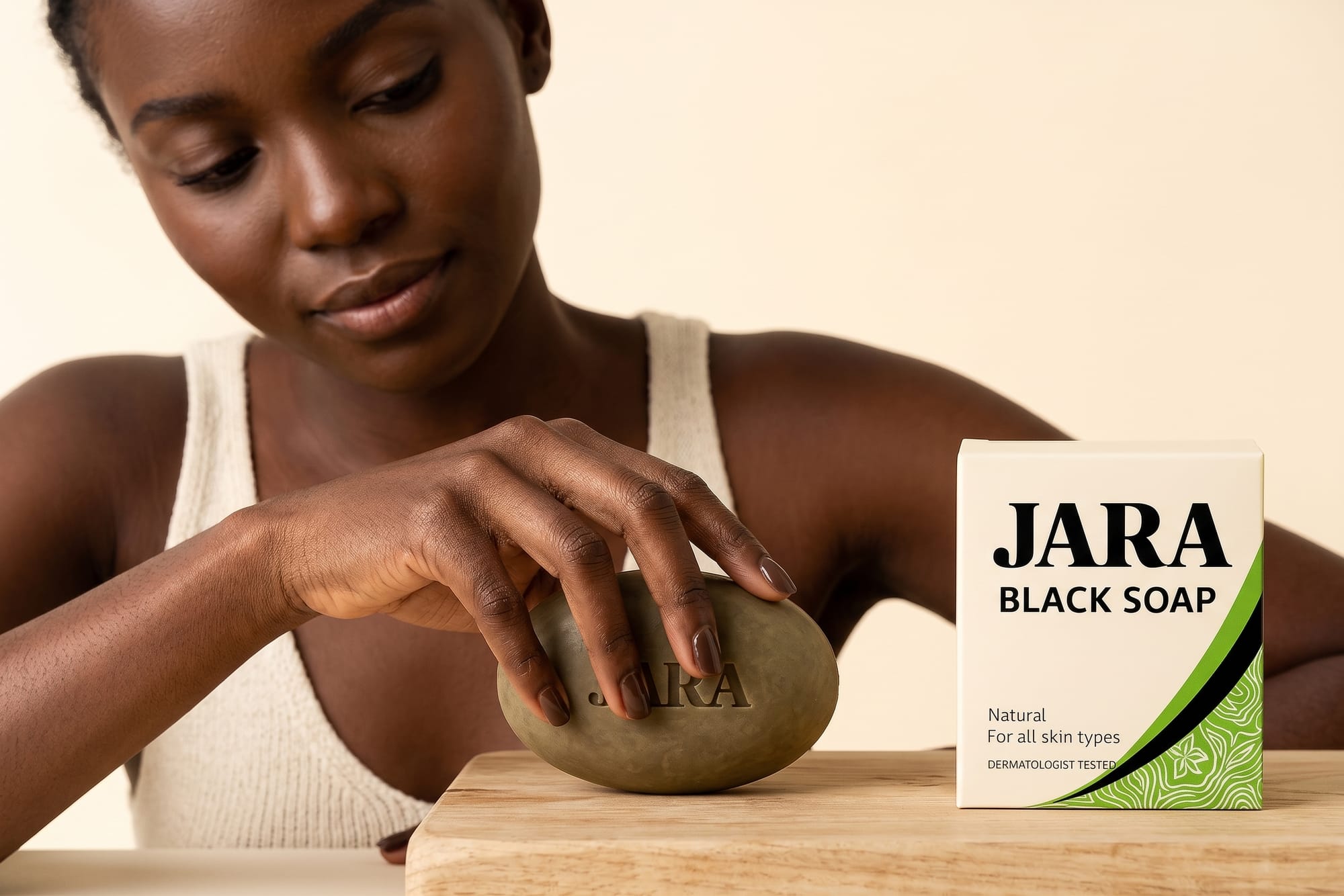 Model holding African Black Soap