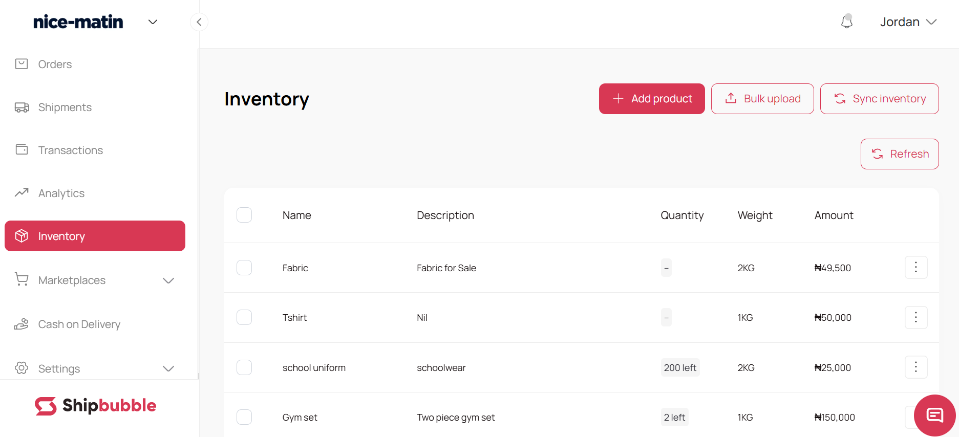 Shipbubble dashboard for inventory