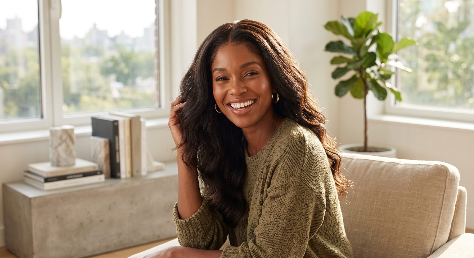 Lady wearing human hair wig