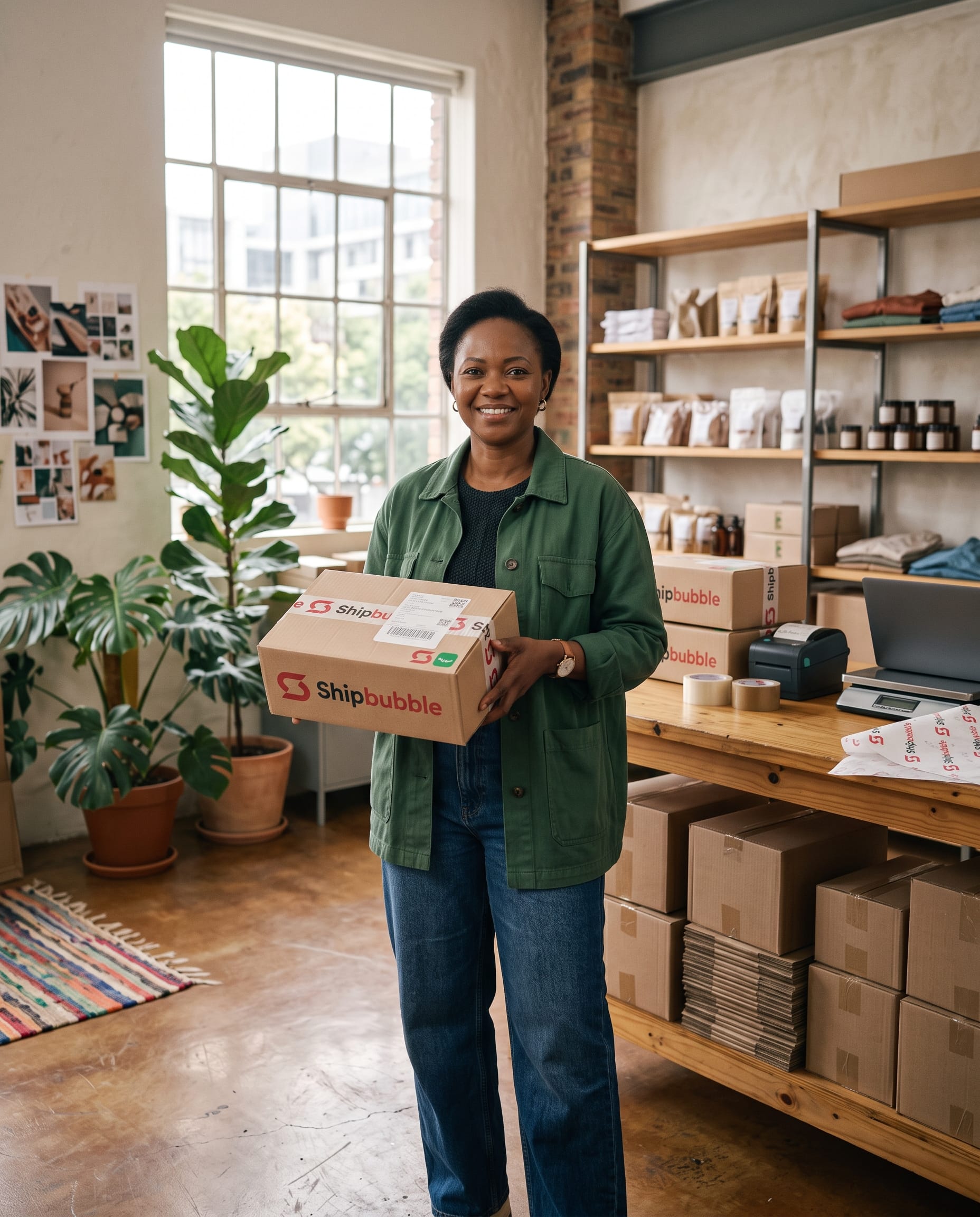 Entrepreneur smiling with package in hand during black friday sales