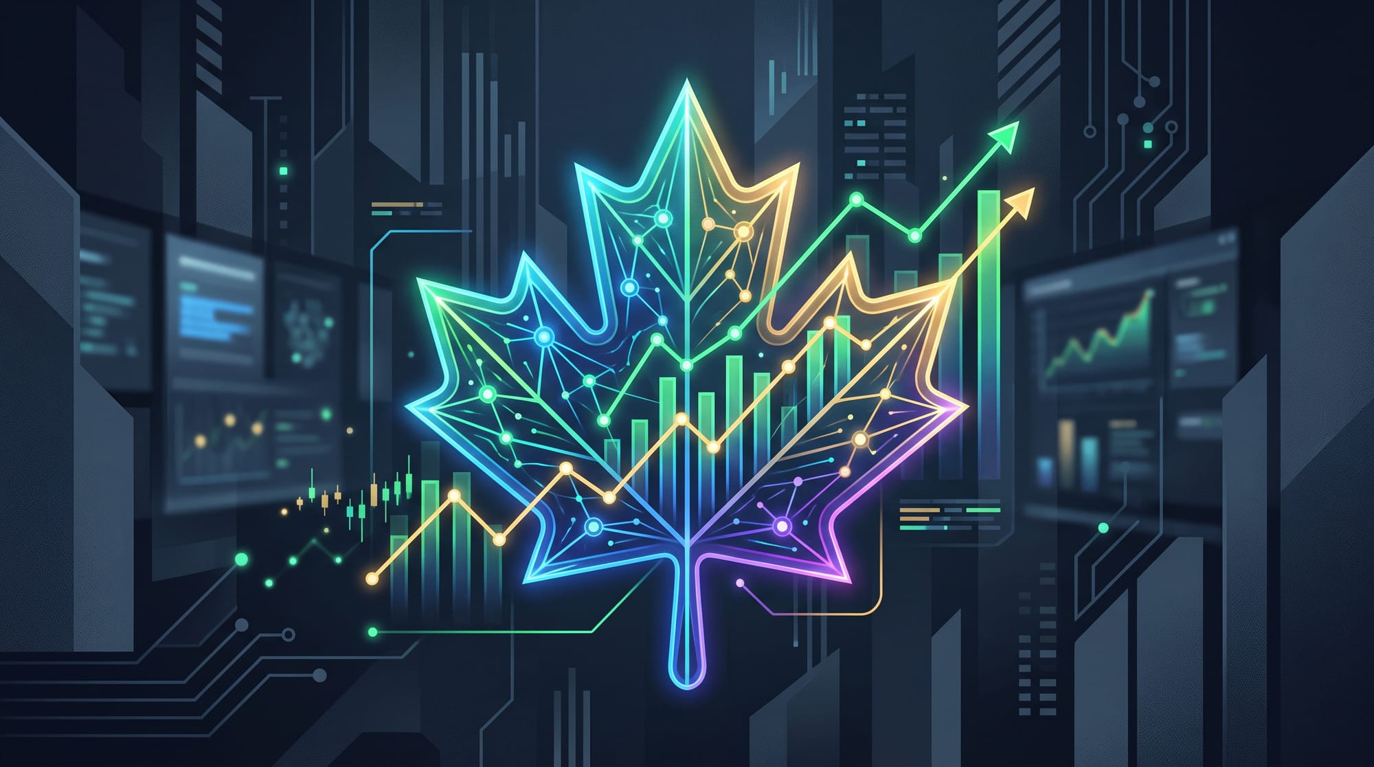 Illustration of a glowing maple leaf made of neon circuit lines and network points, with rising bar and line charts in the background.