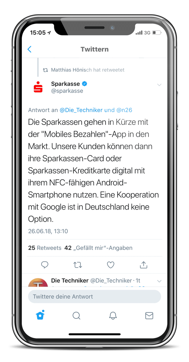 Tweet: “Eine Kooperation mit Google ist in Deutschland keine Option” Relevanz von ApplePay und GooglePay: Smartphone-Screenshot
