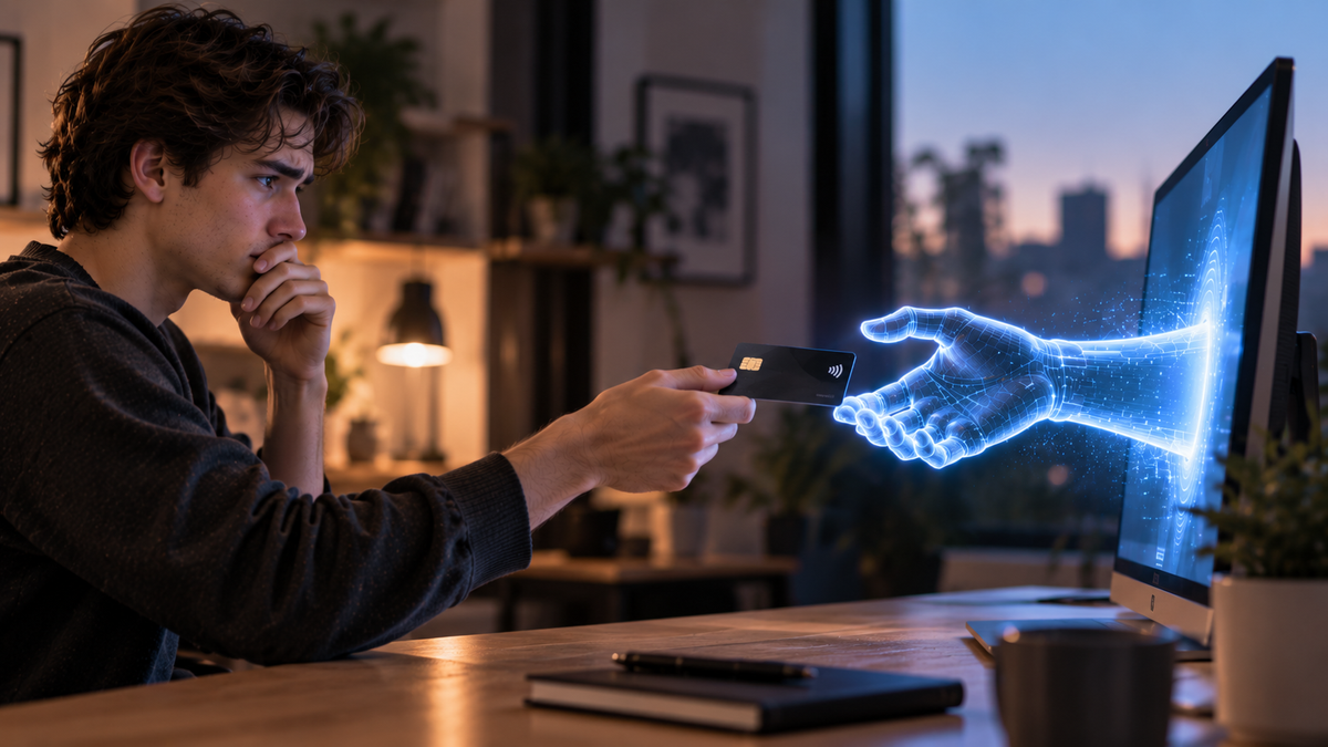 Mann übergibt zögernd seine Kreditkarte an eine digitale KI-Hand – Symbolbild für Agentic Payments und die Frage nach Vertrauen und Kontrolle (KI-generiert)