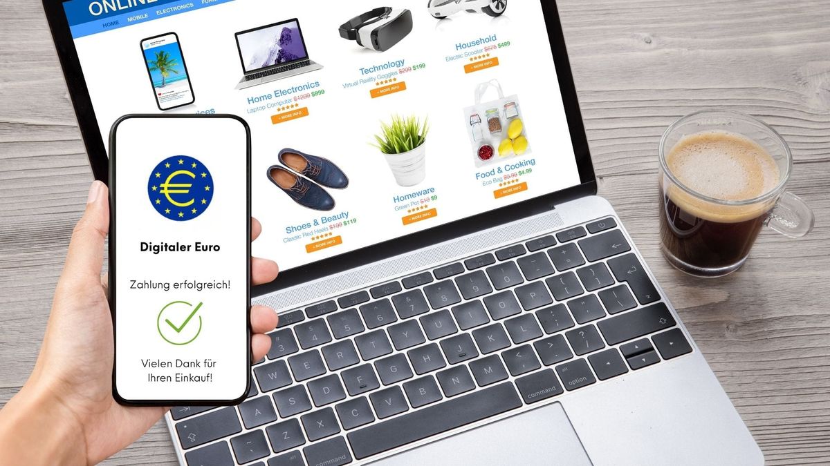 Smartphone mit Digitaler-Euro-Zahlung vor Online-Shop auf Laptop – Symbolbild für das EZB-Pilotprojekt im E-Commerce