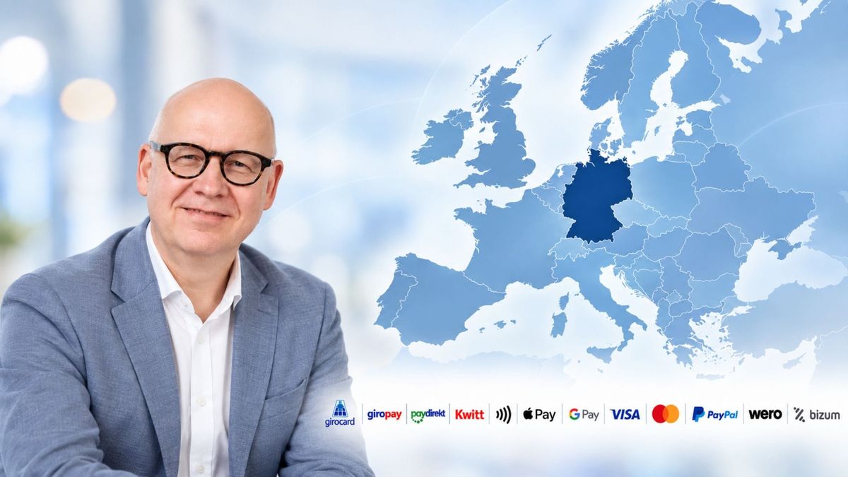 KI-generiertes Bild von Jochen Siegert vor Europa-Karte mit Payment-Logos – Symbolbild für Souveränität im deutschen Payment (KI-generiert)