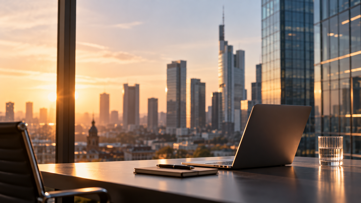 Elegantes Büro mit Stadtsilhouette im Sonnenuntergang – Symbolbild für strategische Innovation und Betriebsverantwortung in der Finanzbranche (ki-generiert)