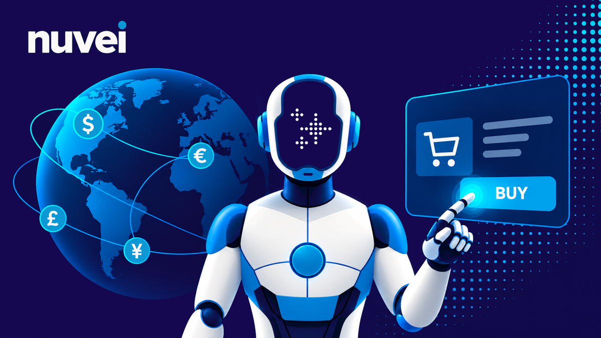 KI-Roboter drückt digitalen „Buy”-Button vor einer vernetzten Weltkarte mit Währungssymbolen – Nuvei Symbolbild für Agentic Commerce und globale Zahlungsinfrastruktur