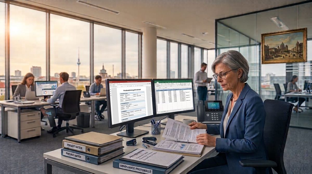 Sachbearbeiterin in einer Bank prüft Dokumente am Dual-Screen-Arbeitsplatz mit Compliance-Ordnern – Symbolbild für Vibe Automation in Fachabteilungen (KI-generiert)