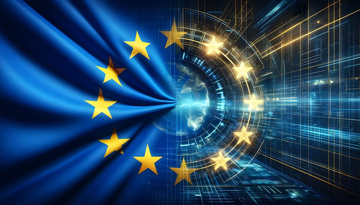 EU-Flagge verschmilzt mit digitaler Infrastruktur – Symbol für Open Banking und Europas Zahlungsautonomie