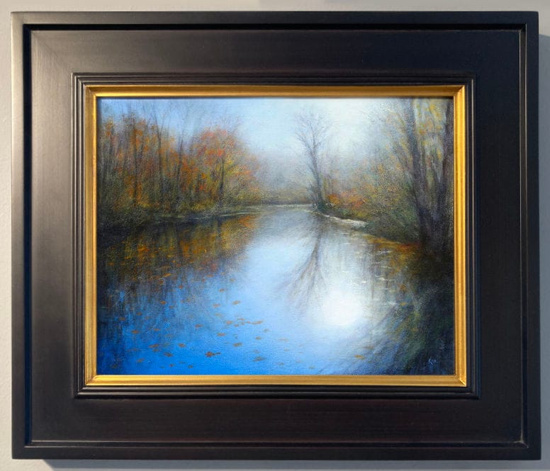a painting of a body of water reflecting autumn leaves dropping from the surrounding trees
