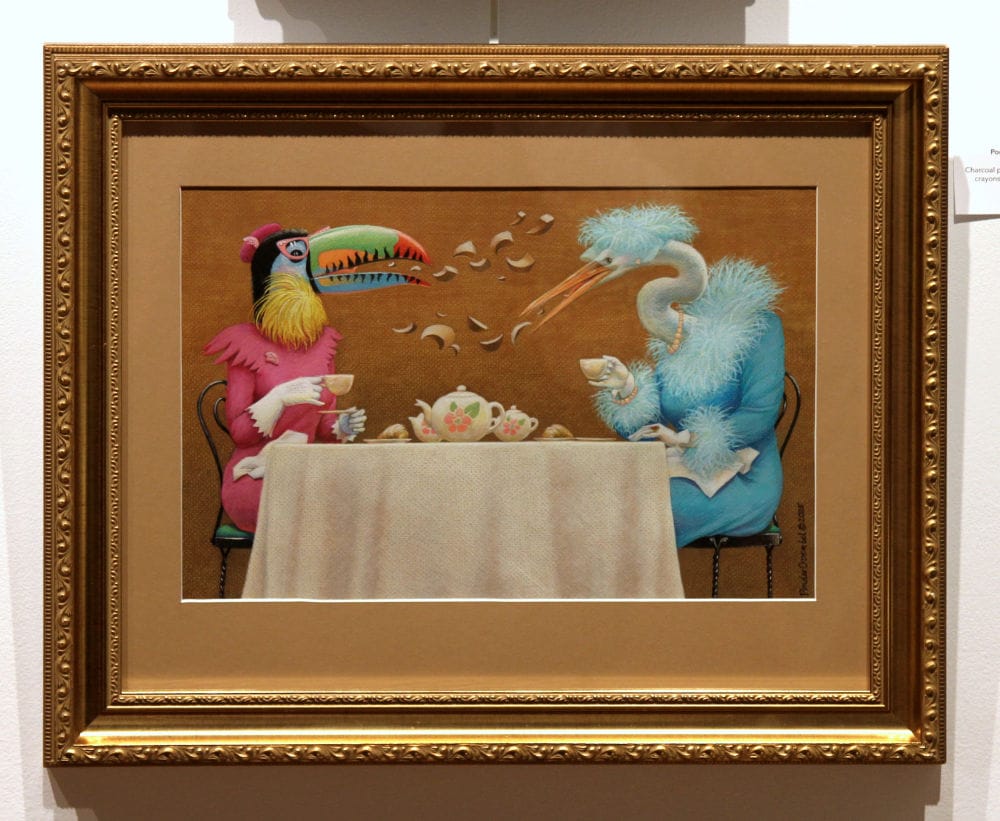 a painting of two colorful birds sitting at a table and drinking tea while dressed as society ladies