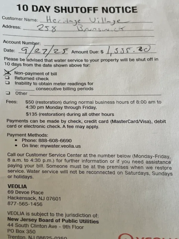 a 10-day shut off notice from the water company citing non-payment as the reason