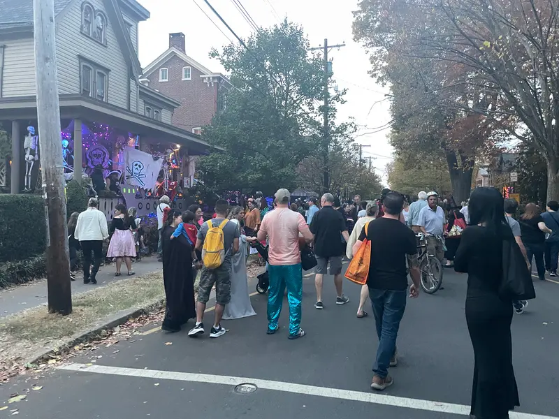 crowds of people in Halloween costumes walking on the street