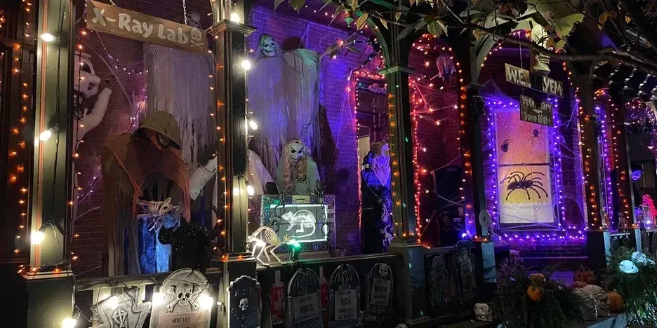 Halloween decorations: tomb stones, orange string lights, ghosts, goblins, spiders and more...