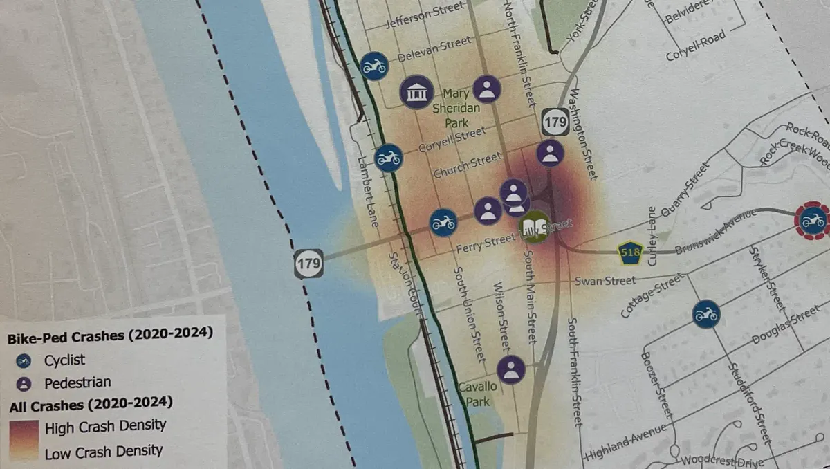 a map showing a crash hot spot by the corner of Rt. 179 and Bridge Street