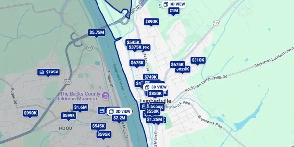 a map with markers for homes and their prices
