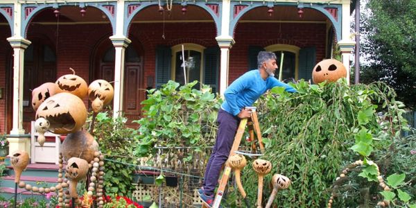 Puneet on a ladder, assembling his Halloween decorations