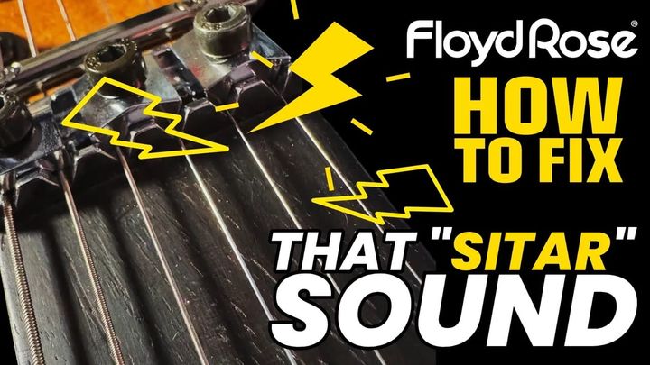 Blog header image graphic showing a Floyd Rose nut with cartoonish sound icons illustrating a weird sound