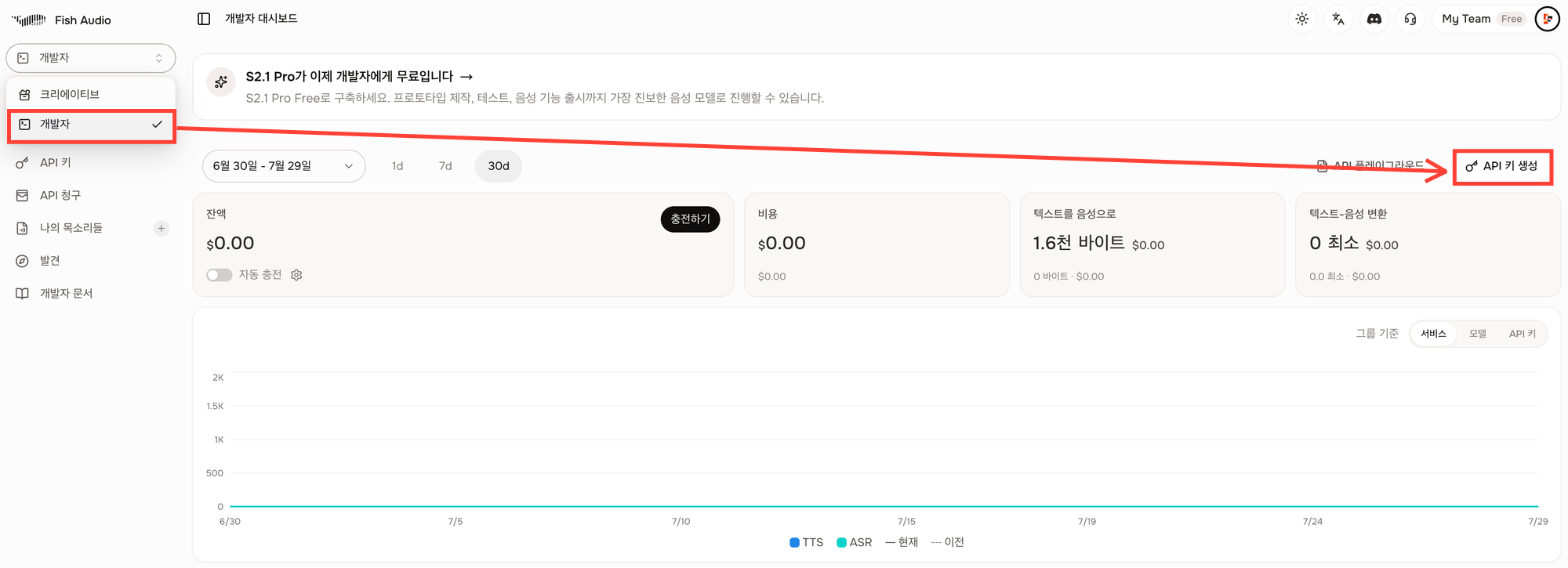 Fish Audio 로그인 후 홈 화면