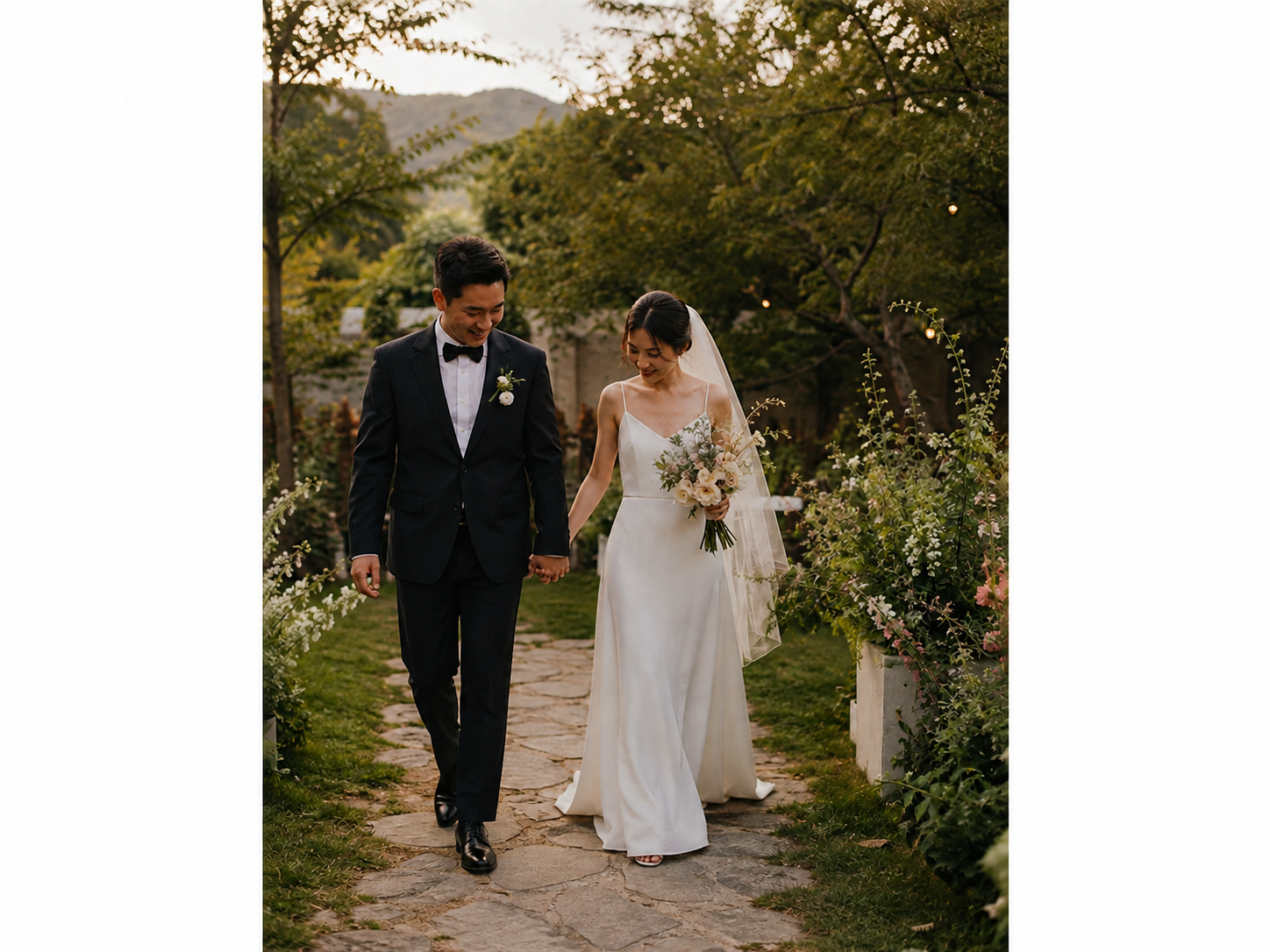 정원 길을 걷는 신혼부부의 입력 사진