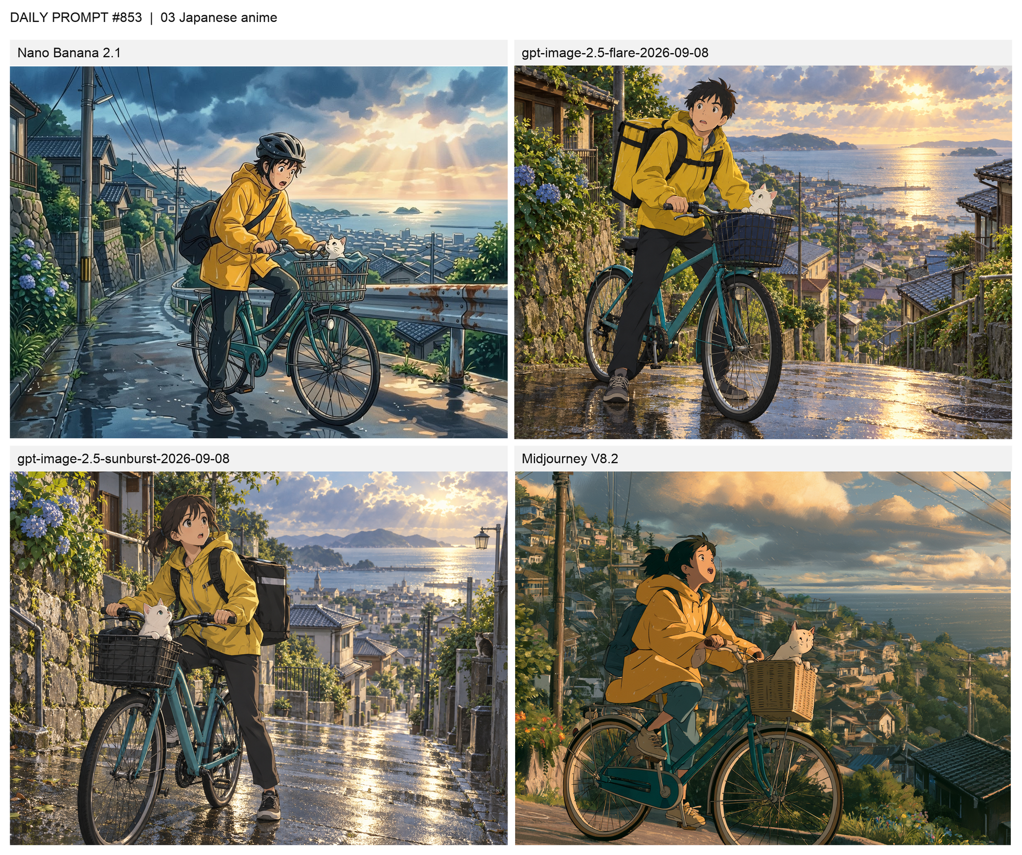 일본 아니메 첫 시도 비교 | Nano Banana 2.1, GPT Image 2.5 Flare, GPT Image 2.5 Sunburst, Midjourney V8.2