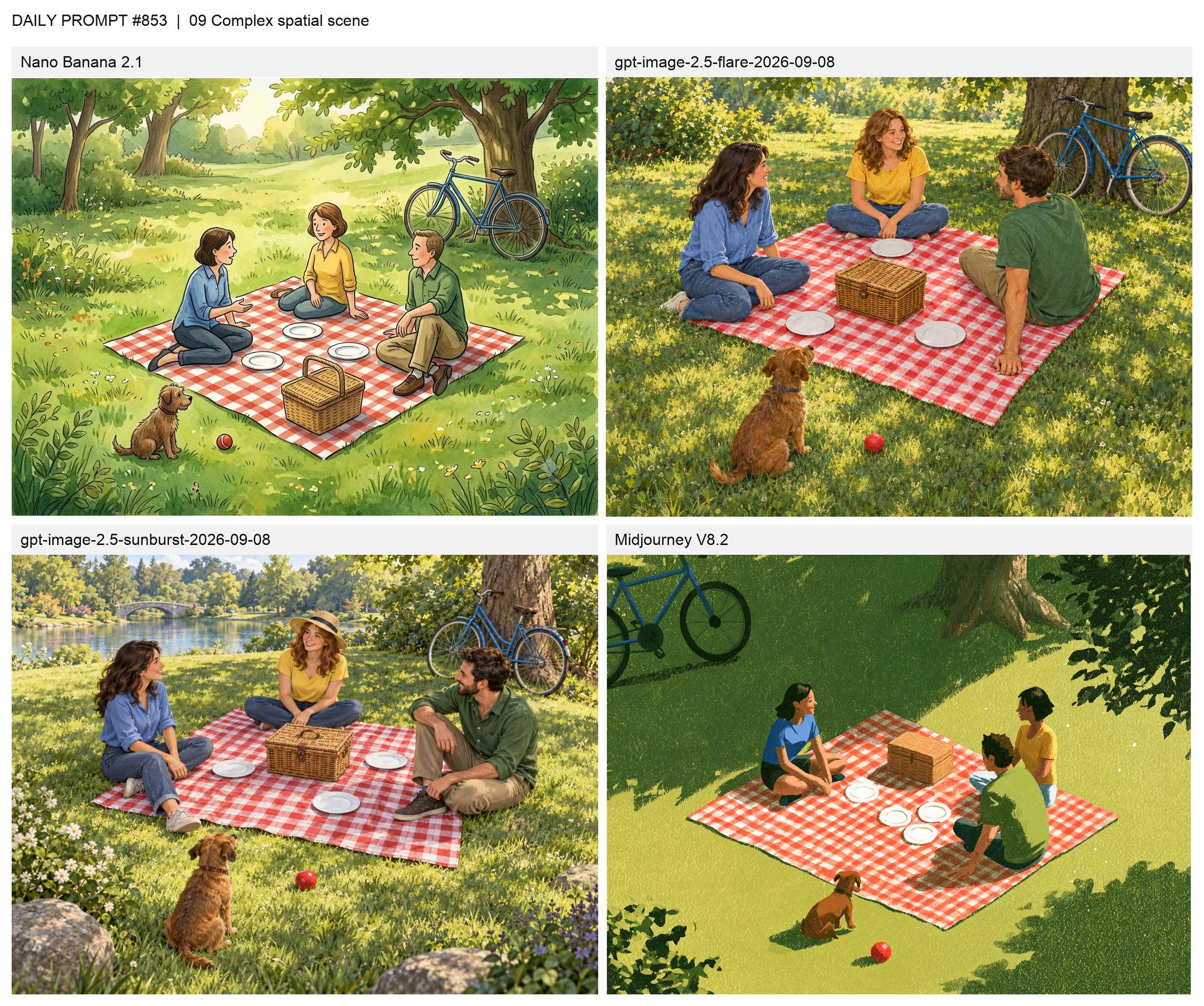 복잡한 공간과 개수 표현 첫 시도 비교 | Nano Banana 2.1, GPT Image 2.5 Flare, GPT Image 2.5 Sunburst, Midjourney V8.2
