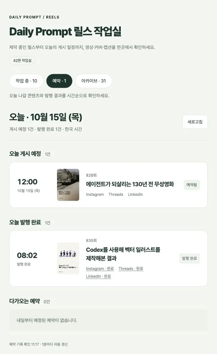 Daily Prompt 릴스 작업실 화면 일부. 오늘 발행 완료 1건, 08:02 #835 'Codex를 사용해 벡터 일러스트를 제작해본 결과'가 Instagram/완료, Threads/완료, LinkedIn/완료로 표시되어 있다.