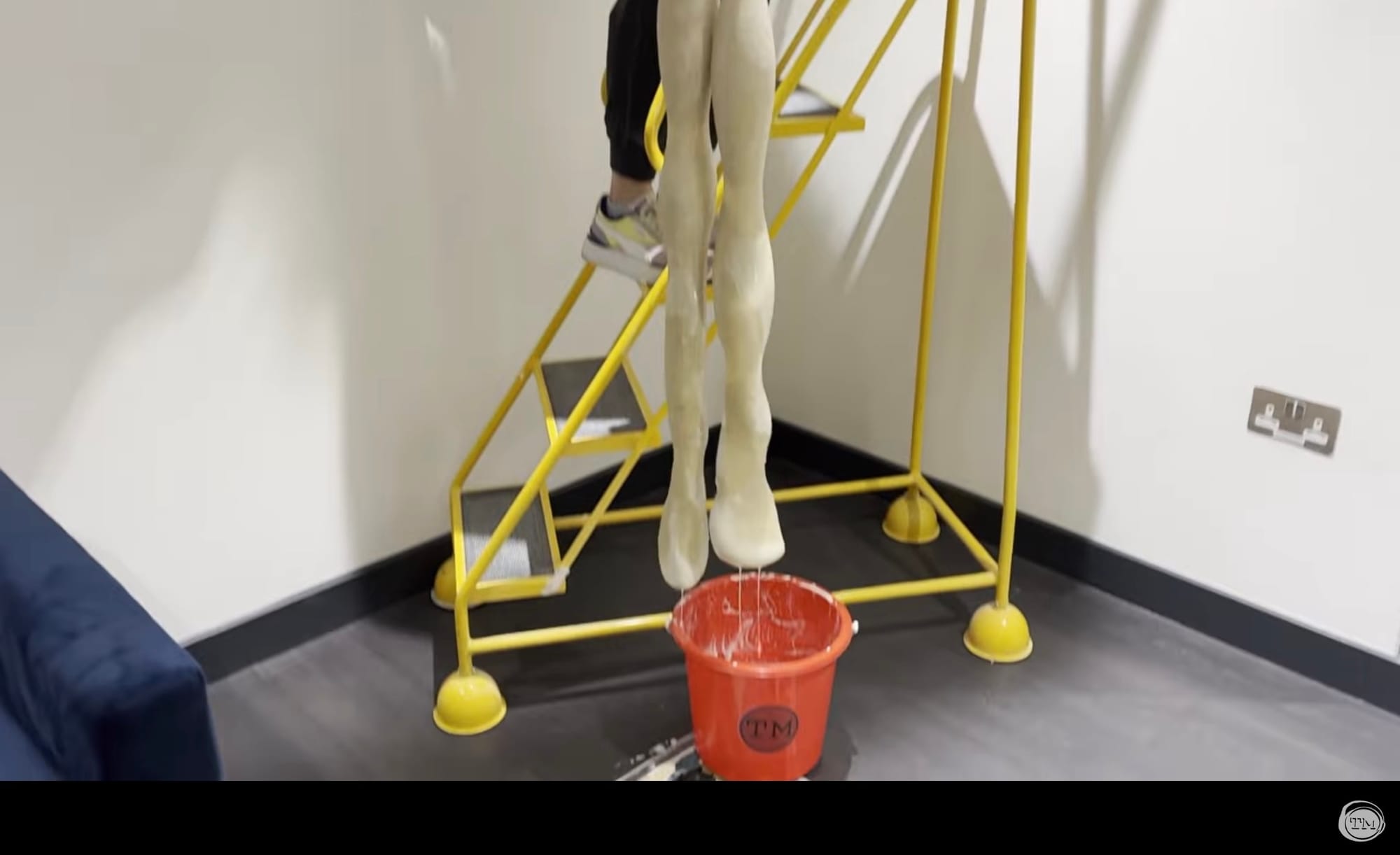 A stretched-out pair of tights, filled with oaty water, held over a bucket.