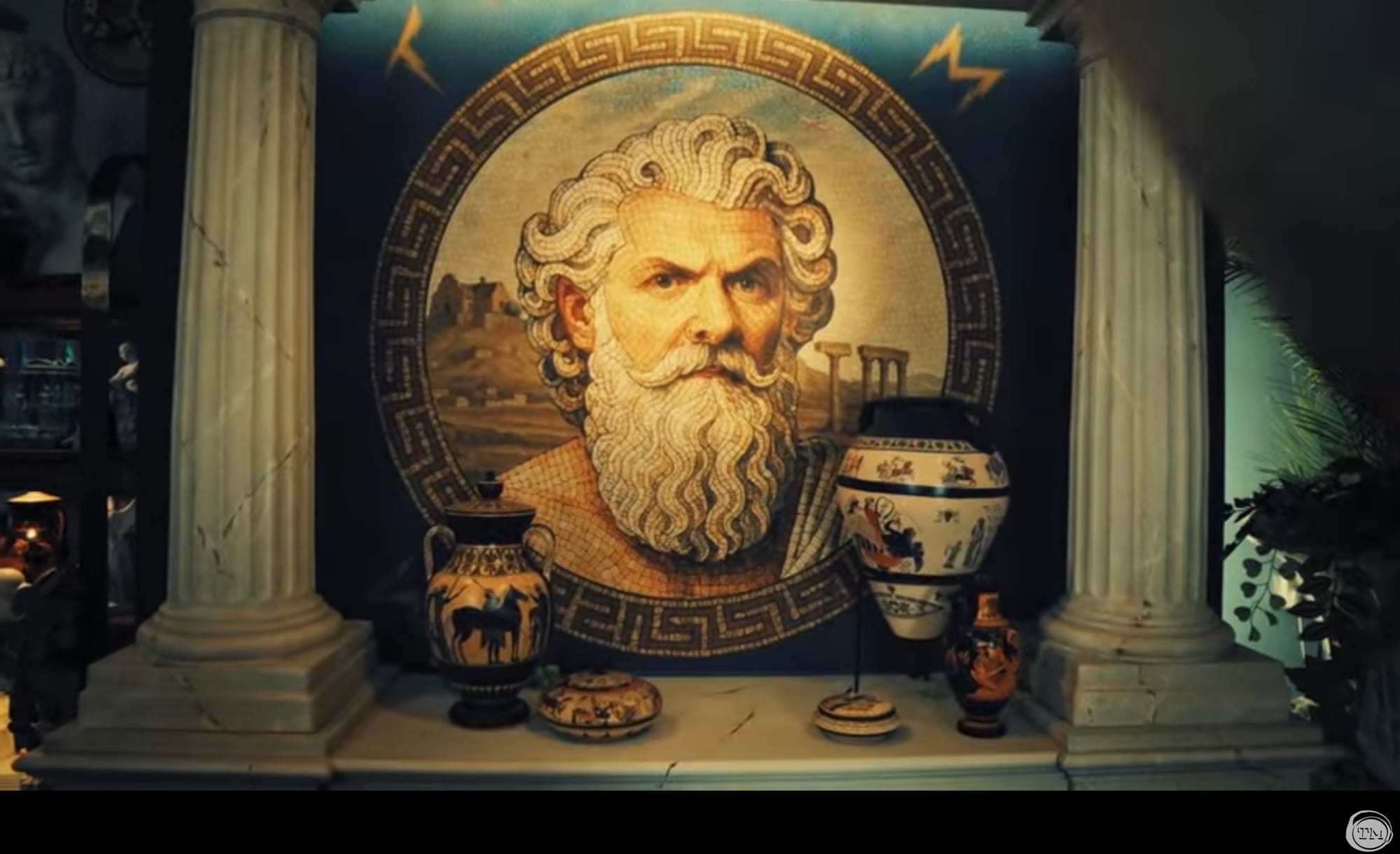 Mosaic portrait of Greg Davies with a long white beard.